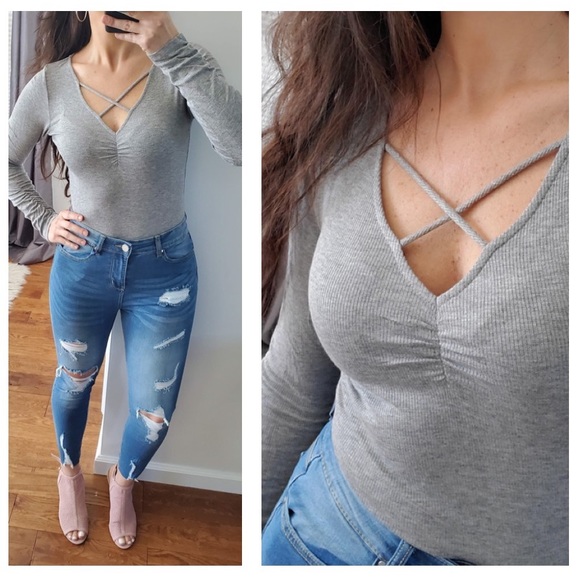 Grey ribbed cris cross bodysuit - Picture 4 of 8